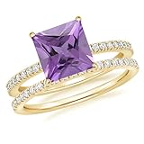 2. Carat Princess Cut Amethyst & White Diamond Solitaire Accent Engagement Ring With Matching Band For Women, 14K Yellow Gold Plated 925 Silver February Birthstone Amethyst Bridal Ring Set
