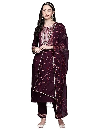 Image of INDO ERA Women's Embroidered Silk Blend kurta and pant with dupatta set