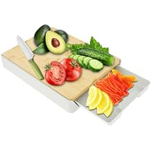 Bamboo Cutting Board Heavy-Duty Chopping Board with Slide Out Drawer Tray Wear Resistance Cutting Board with Non-Slip Feet Eco-Friendly Bamboo Cutting Board for Kitchen