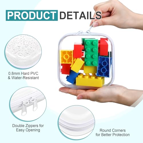 12 Pcs Clear Hard Zipper Case Plastic Zipper Pouch with 5 Sheets Alphabet Stickers Double Toy Storage Organizer Makeup Case for Travel Building Blocks Puzzles Cosmetic(5 x 5 x 2”)3