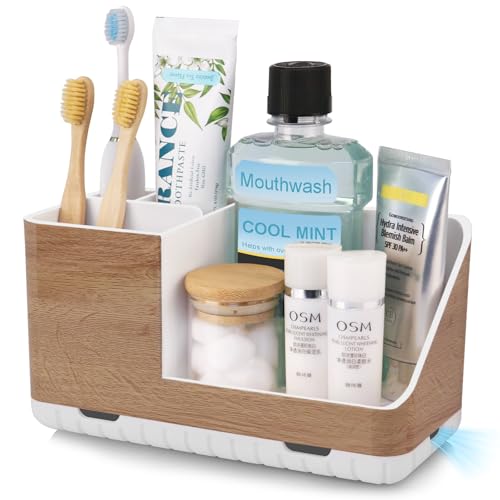 Toothbrush Holders for Bathrooms Countertop Organizer and Storage, Kids Electric Toothbrush and Toothpaste Holder, Bathroom Accessories Vanity Organizer (Wood Grain)