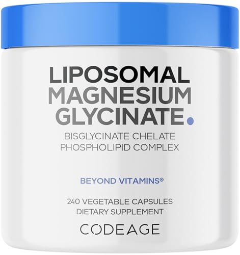 Codeage Liposomal Magnesium Glycinate Supplement 2-Month Supply Bisglycinate Magnesium Chelate Chelated Magnesium Mineral Pills BioPerine Black Pepper Vitamins Capsules Non-GMO Vegan 240 ct