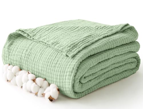 Image of 100% Cotton Muslin Blanket Large 50 inch x 70 inch, 6 Layers Breathable and Lightweight Cotton Throw Blanket for Bed and Couch, Soft Quilt Bedspread, Gauze Blanket for Adults All Season, Sage Green
