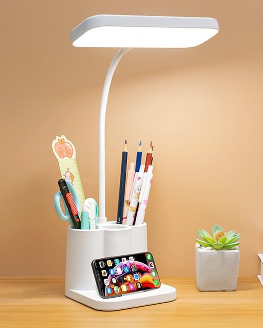 CPENSUSAcrylonitrile Butadiene Styrene 3 Color Table Lamp Rechargeable for Study with Phone Holder Flexible Arm Touch Light with Stepless Dimming, Desk Lamps with Pen Holder, White