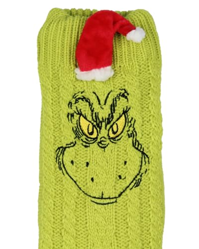 Bioworld Dr Seuss GRINCH Adult Sherpa Lined Grinch Face Santa Hat Sweater Knit Slipper Socks For Men and Women2