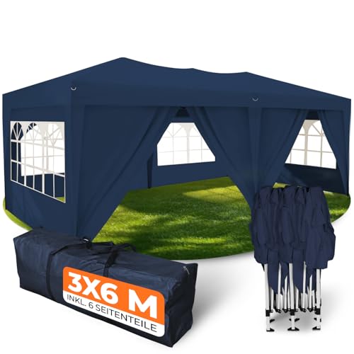 Kronenburg Faltpavillon wasserdicht Pavillon mit 6 Seitenteilen, Gartenzelt, 3x6 m - mit UV Schutz 50+, Blau
