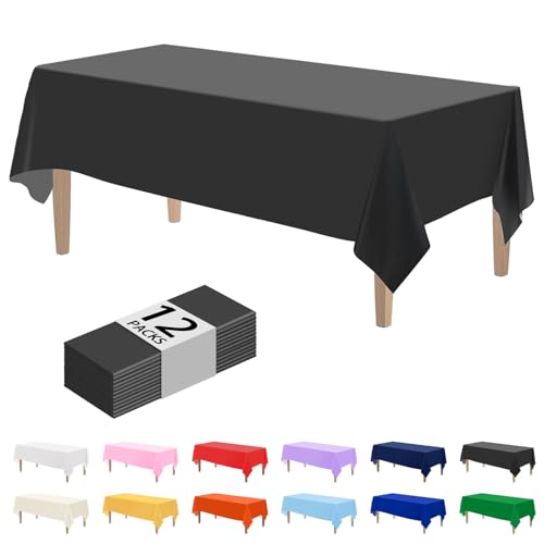 Image of Kopokita 12 Pack Black Plastic Tablecloths Disposable 54 x 108 Inch | Rectangle Table Cloths, Party Table Covers for Birthday, Graduation, Back to School, Halloween Decorations