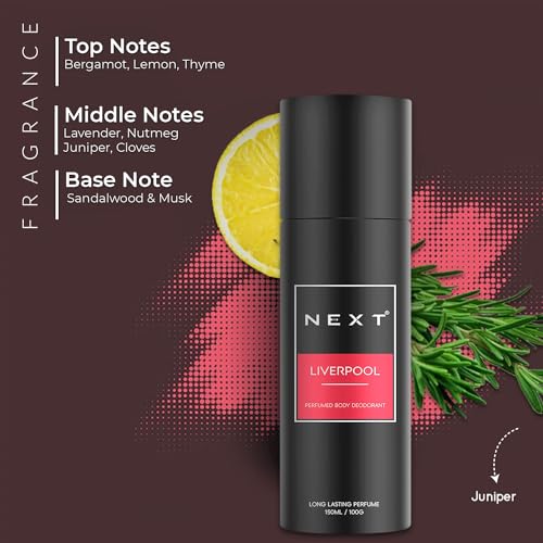 Image of Next Care Liverpool Perfumed Body Spray for Men & Women | Long Lasting Deodorant Spray | Fresh Citrus Woody Fragrance | Lemon, Thyme & Sandalwood Notes | 150ml Each (Pack of 2) - Liverpool