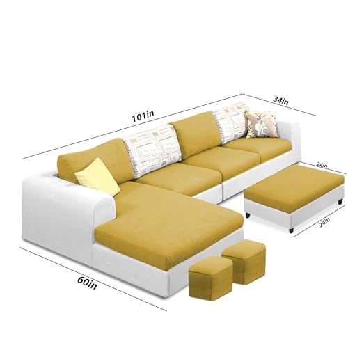Image of Koza LHS 8 Seater L Shape Sofa Set with Center Table for Living Room (Yellow Grey Fabric) Premium Fabric Sofa