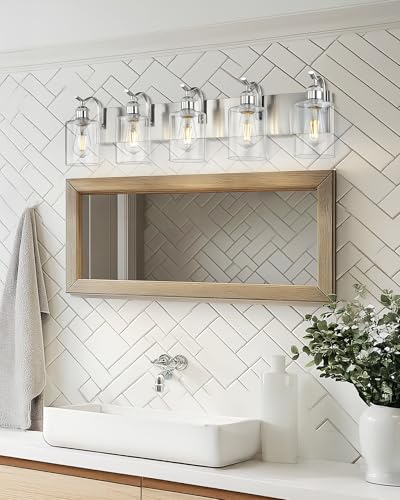 Image of 5 Light Bathroom Vanity Light, Brushed Nickel Vanity Lights for Morden Bathroom Lighting Fixtures Over Mirror Wall Light Fixtures with Clear Glass Shade ZCVL01BN-5