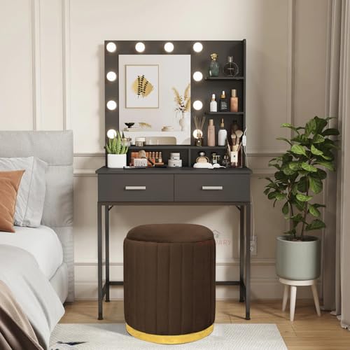 Image of Round Velvet Luxurious Storage Ottoman, Pouf with Storage Vanity Stool Chair,Upholstered Foot Rest Stool with Gold Strip Base for Living Room or Bedroom (Coffee., Large-40Dx40Wx46H)