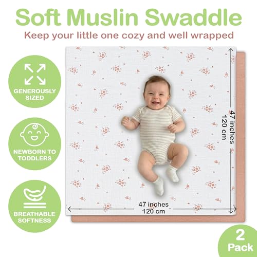 Image of Organic Muslin Baby Blanket 2-Pack Cinnamon & Wildflower, 47x47 Inch, 100% Organic Cotton Oeko-TEX Certified Hypoallergenic Swaddle Blanket for Newborn Boy, Baby Boy Shower Gift