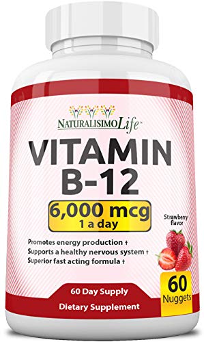 Vitamin B12 6,000 mcg Maximum Strength Fast Acting Formula Strawberry Flavor Nuggets Promotes Energy Production Supports The Nervous System 60 Nuggets Once a Day