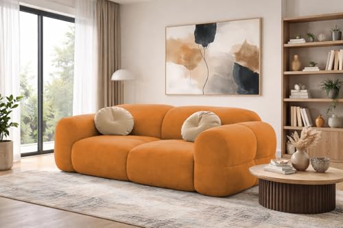 Image of Casaliving Vetras Modern Velvet Bubble Cloud Sofa, Tufted Design Upholstered 2 Seater Sofa Set for Living Room, (Orange Colour) Premium Velvet Fabric Sofa