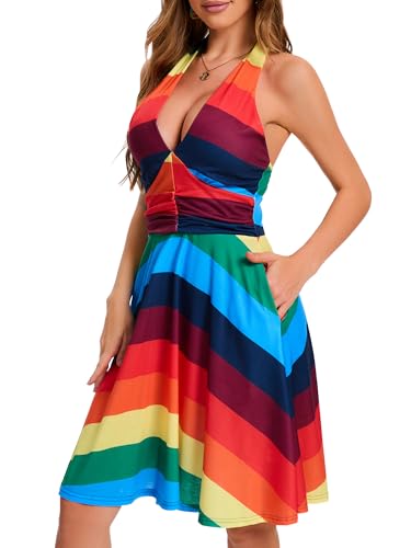 Image of Women's Summer Sundress- 2025 Sexy Halter Sleeveless Spring Boho Elastic Waist Ruffle Mini Dress