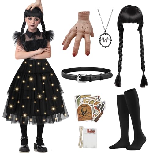 YOOHBERRYS Disfraz de Miércoles para Niñas, Wednesday Costume Kids con Luces, Vestido Negro de Miércoles con Peluca, Mano Miercoles, Calcetines, Collar y Pegatinas para Halloween (140)