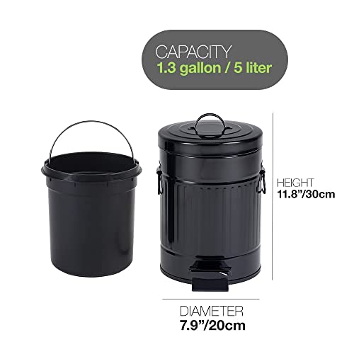 Image of Bathroom Trash Can with Lid, Small Waste Basket for Home Bedroom, Retro Step Garbage Can with Soft Close, Vintage Office Trash Can, 5 Liter / 1.3 Gallon, Glossy Black