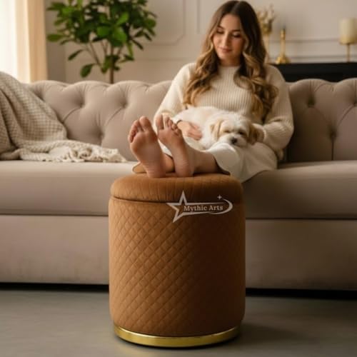 Image of Premium Round Storage Ottoman Stool 13 X 13X 16 inch, with Gold Metal Base | Luxury Pouffe with Hidden Storage | Cushioned Footrest for Living Room, Bedroom & Lounge Brown