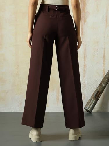Image of High Star Women High Rise Solid Regular Length Wide Leg Casual Trousers