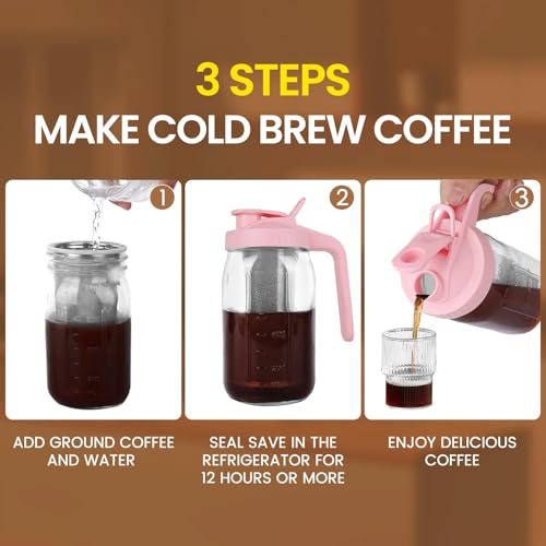 Image of Cold Brew Coffee Maker,32 oz Mason Jar Pitcher with Stainless Steel Filter, Pour Spout Handle Lid, Heavy Duty Glass Airtight & Leak-Proof Pitcher for iced coffee Tea Lemonade-Pink