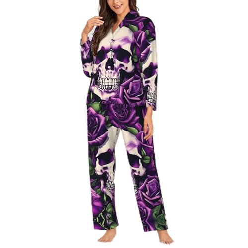 Pyjama manches longues motif tête de mort rose et violet ensemble boutonné femme XL