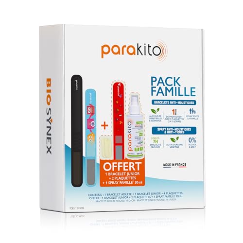 PARAKITO - Bracelets Anti-Moustiques Réutilisables - Pack Famille - 3 Bracelets + 1 Spray Offert - 1 Mois de Protection - Sans DEET (2 Junior + 1 Adulte)