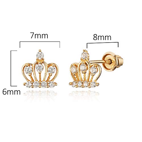 14K Yellow Gold Crown Cubic Zirconia Children Screwback Baby Girls Earrings #TOP1