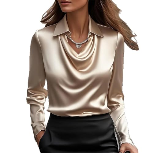 Women's Elegant Solid Satin Cowl Neck Blouse Long Sleeves Casual Business Dressy Shirts Office Work Ladies Top