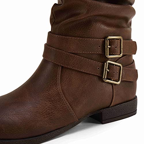 Womens Slouchy Mid Calf Boots Buckle Strap Low Chunky Heel Round Toe Faux Leather Winter Riding Booties #TOP3