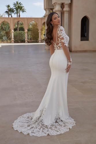 Satin Lace Applique Wedding Dresses for Bride Long Sleeve V Neck Mermaid Boho Beach Bridal Gowns3