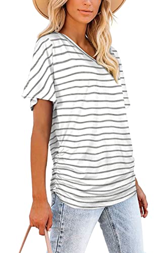 Image of WIHOLL Womens Summer T-Shirts Short Sleeve V Neck Dolman Tops with Side Shirring Loose Fit Shirts Spring Fashion