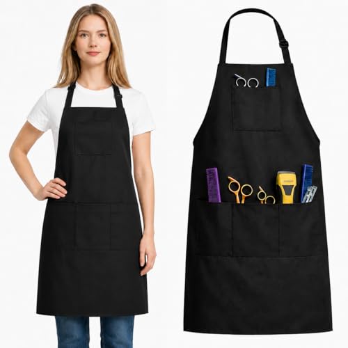 Celmuron Hair Stylist Apron, Professional Barber Apron with 4 Pockets, 34 Inch Long Adjustable Hairdresser Dog Grooming Apron