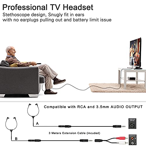 Image of SIMOLIO Anti-Dropping Wired TV Earphone with Volume Control, Extra Long Cord Headphone with Mic for TV, PC, RCA & 3.5mm Cable Included, 14.9ft Extension Cable Earphone, Extra Soft Ear Tips, SM-901TV