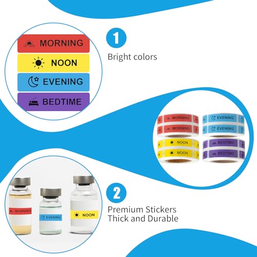 Image of 8 Roll Medicine Stickers Medication Instruction Label Permanent Paper Label Morning Noon Evening Bedtime Stickers for Pill Case Planner 0.4 * 1.6inch (500 Sheets Per Roll)
