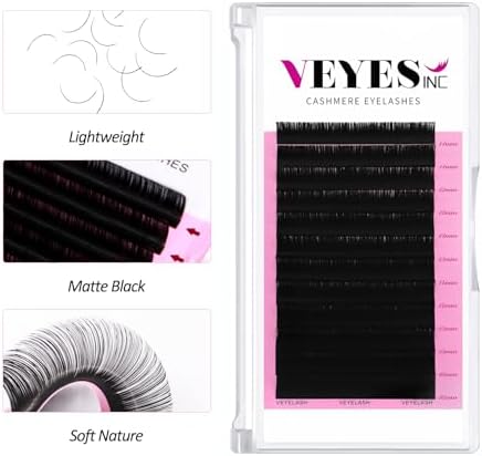 VEYES INC Cashmere Volume Lash Extensions C CC D DD LD L B J M Curl 0.03-0.20 thickness 5-25mm, Super Matte Black Individual Eyelashes Tray, Professional Supplies for Lash Techs (0.18 C 8-16mm)