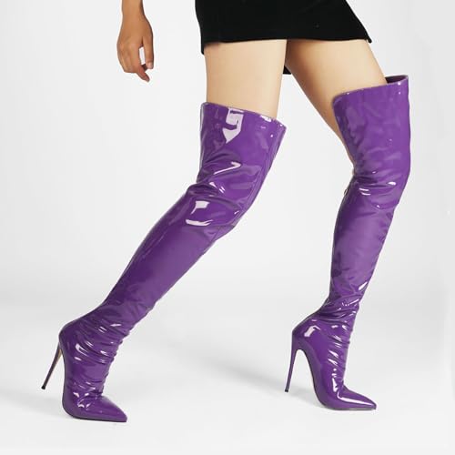 Image of Thigh high boots for women striped Back zipper Burgundy Zebra Print Over the knee Sexy gold white pointed toe Cow Print leopard Magenta stiletto heel