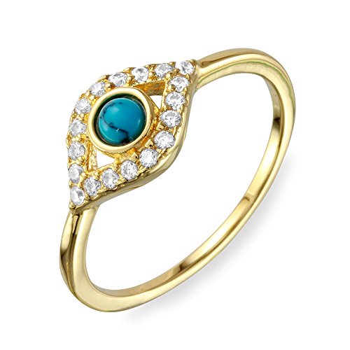 Simulated Turquoise Cubic Zirconia Evil Eye Ring Gold-Tone Plated Sterling Silver
