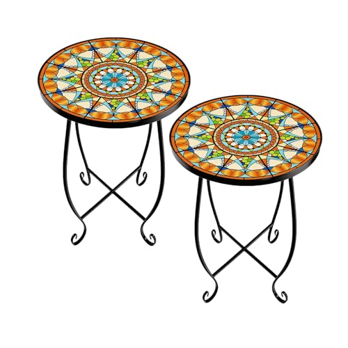 Kaesithar Set of 2 Mosaic Outdoor Side Tables Round 15 Inch Height - Small Patio Table Set Foldable Sun Pattern Metal Plant Stands for Garden Balcony & Yard (Mosaic Sun 2 Pack)