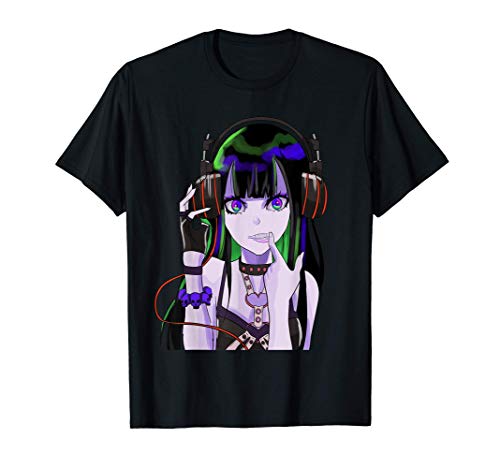 Goth Anime Girl Headphones Music Neck Chain T-Shirt