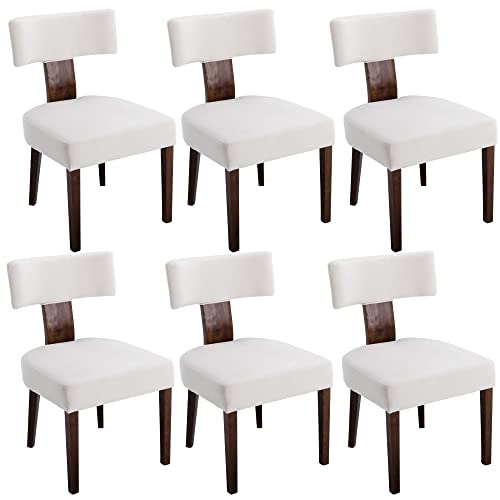 Hny Set Of 6 Mid Century Modern Dining Chairs, Farmhouse Velvet Upholstered Accent Chair Curved Backrest Kitchen Chairs, With Hardwood Frame, Cream, Velvet-Beige, 6Pc #TOP1