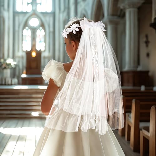 Girls First Communion Veil String of beads White Floral Crown Lace Veil4