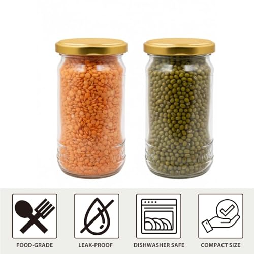 Image of Glassbunny Glass Jar Containers Set of 6 for Kitchen Storage | Golden Airtight Lids | Glass Containers for Kitchen | Glass Jars for Kitchen 300g Jars for Dry Fruits, Pickles, Spices