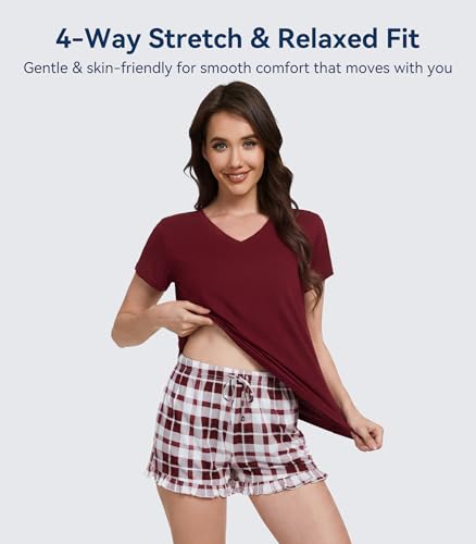 Image of WiWi Womens Pajamas Set Bamboo Viscose Super Soft Short Sleeve Top Ruffle Shorts Sleepwear Cooling Pj Sets S-XXL