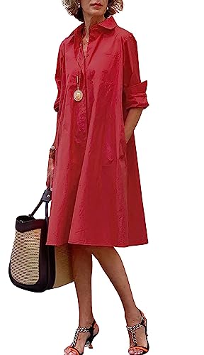 Image of chouyatou Women's Spring Summer Button-Down Shirt Dress Loose A-Line Midi Shift Tunic Dress