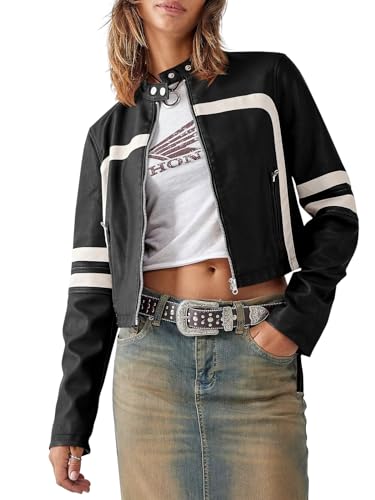 Saodimallsu Women’s Faux Leather Jackets Zip Up Stand Collar Cropped Motocross PU Coats2
