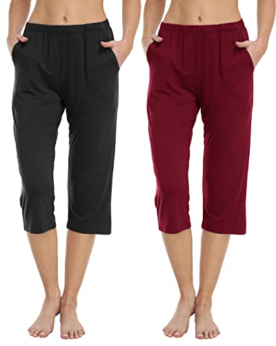 JINSHI Women's Pyjamas Trousers Lounge Capri Pants Soft Modal Pyjama Bottoms with Pockets & Drawstring (Black,Wine Red) Size M