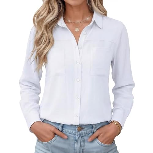Button Down Shirts for Women Long Sleeve Cotton Striped Dress Shirts Casual Collared Blouses Business Work Tops with Pockets Medium White