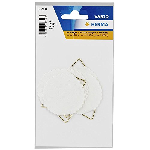 HERMA Bildaufhänger zum Kleben weiß groß 6 Stück Ø 45 mm selbstklebend Drahtseil Bildaufhängung ohne Bohren für die Wand starke Papier Draht Aufhänger für Bilder Bilderrahmen bis 1200 g