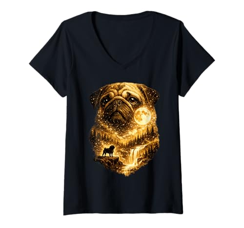 Women's Black Pug Howling to The Moon 90s Retro Animal Dog Mom Pet V-Neck T-Shirt