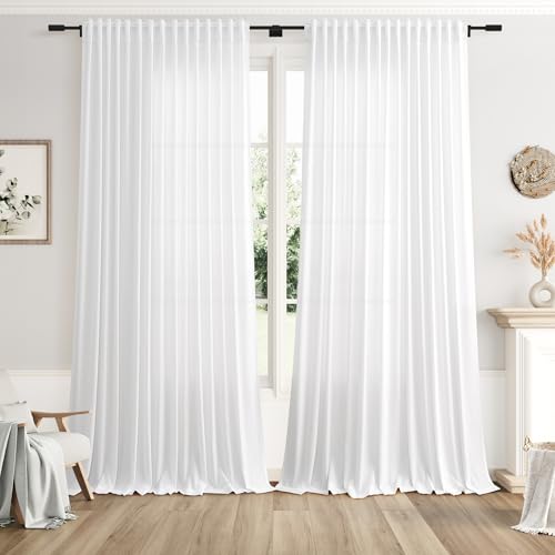 Image of Nanspring Extra Wide 100x96 Inch Linen Curtains for Living Room Divider Light Filtering Semi Sheer Patio Curtains for Sliding Door White Coastal Decor Sunroom Floor to Ceiling Window Curtain Panel